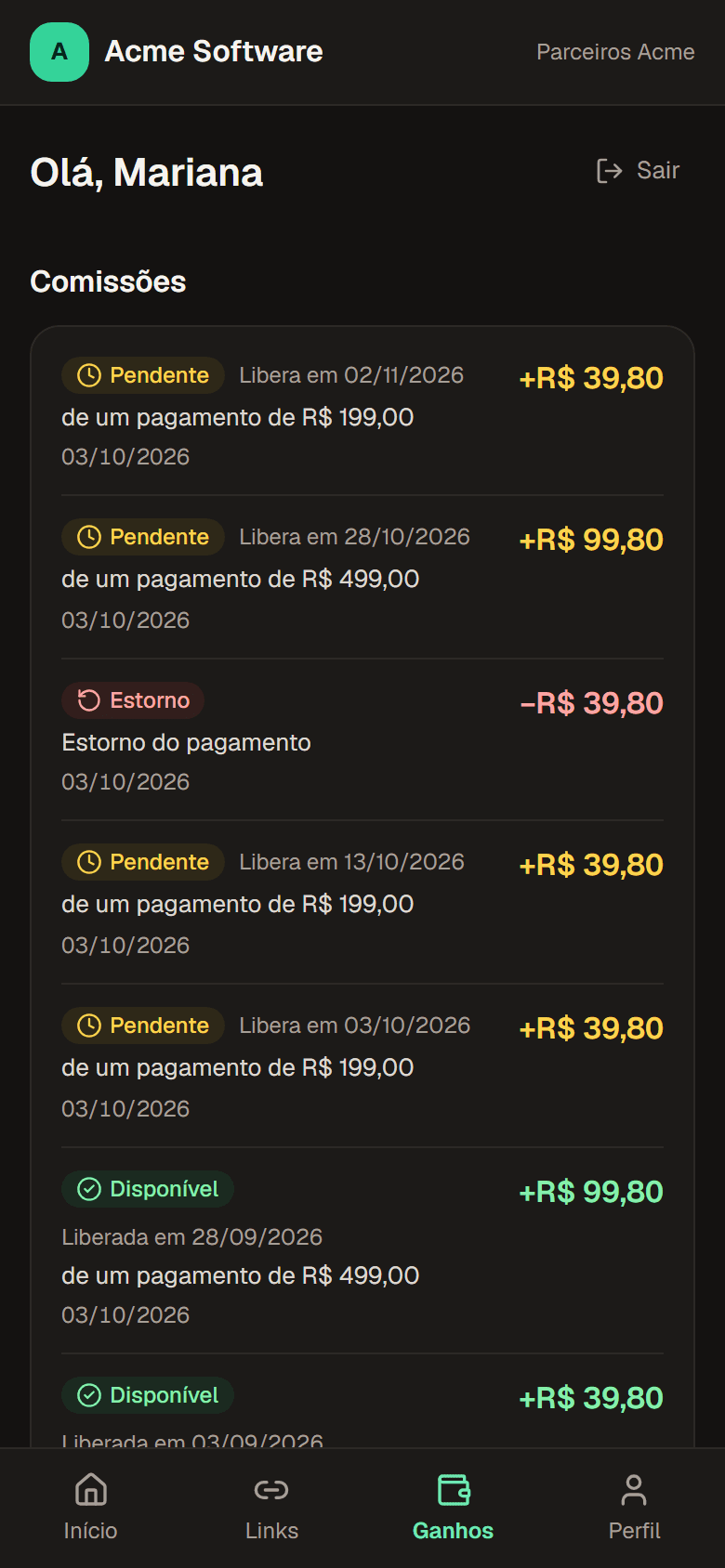 Portal do parceiro no celular, com a lista de comissões e o status de cada uma