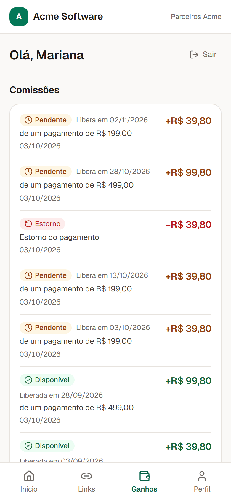 Portal do parceiro no celular, com a lista de comissões e o status de cada uma