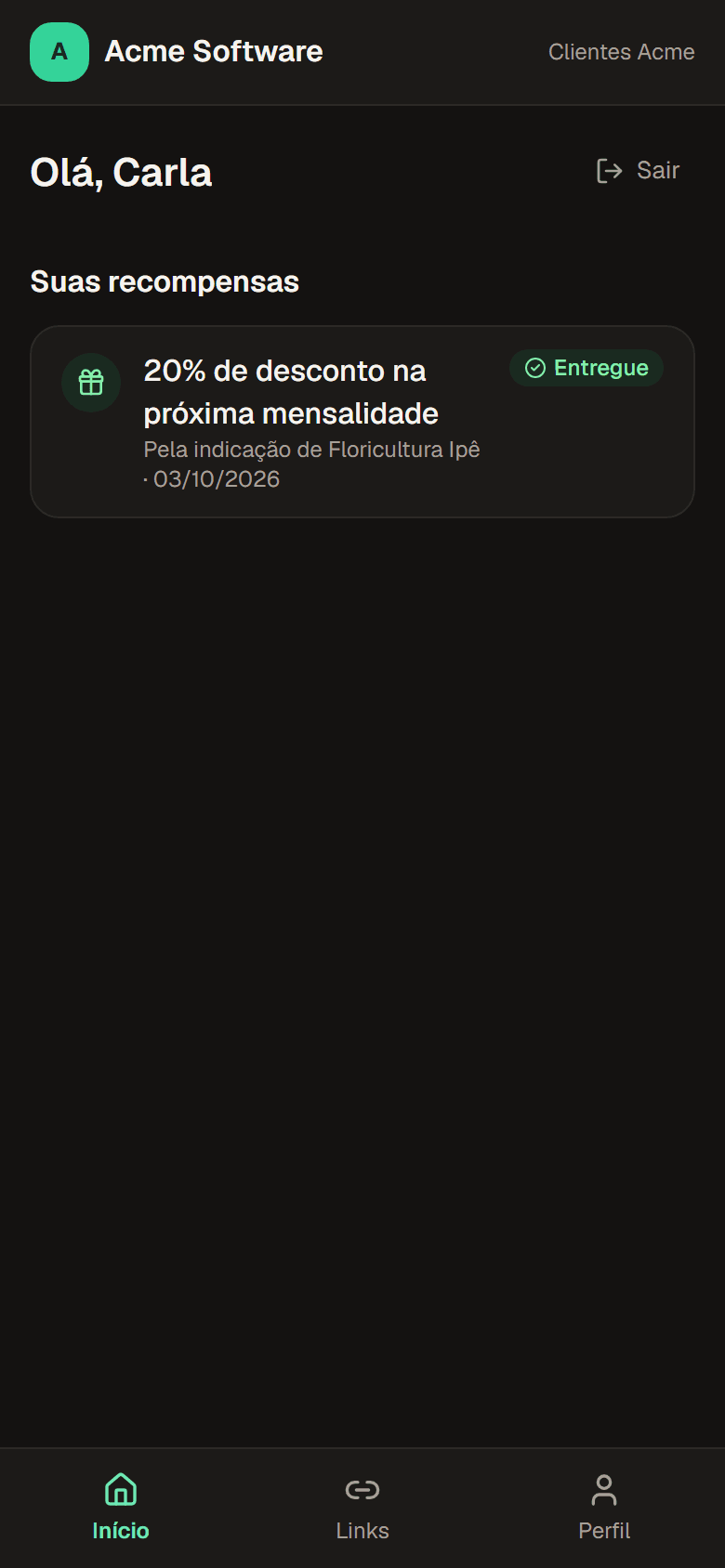 Portal do cliente no celular, com a recompensa de desconto na mensalidade