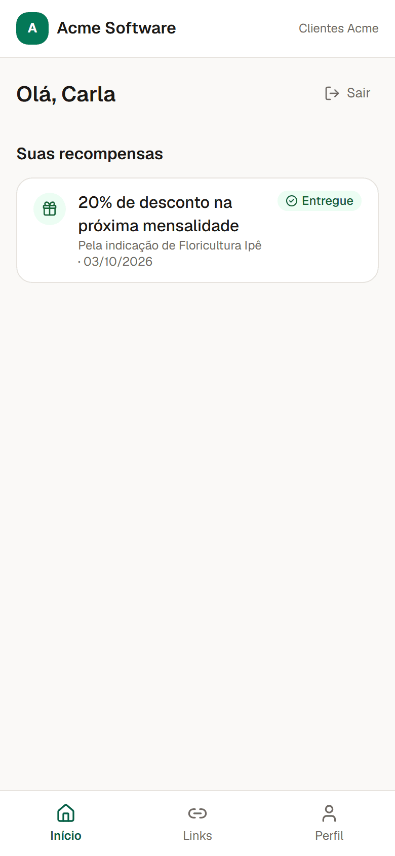 Portal do cliente no celular, com a recompensa de desconto na mensalidade