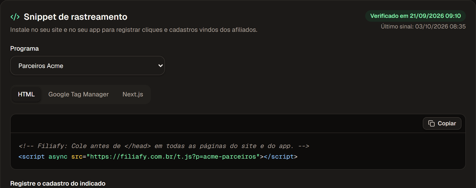 Snippet de rastreamento verificado, com a linha de código para colar no site